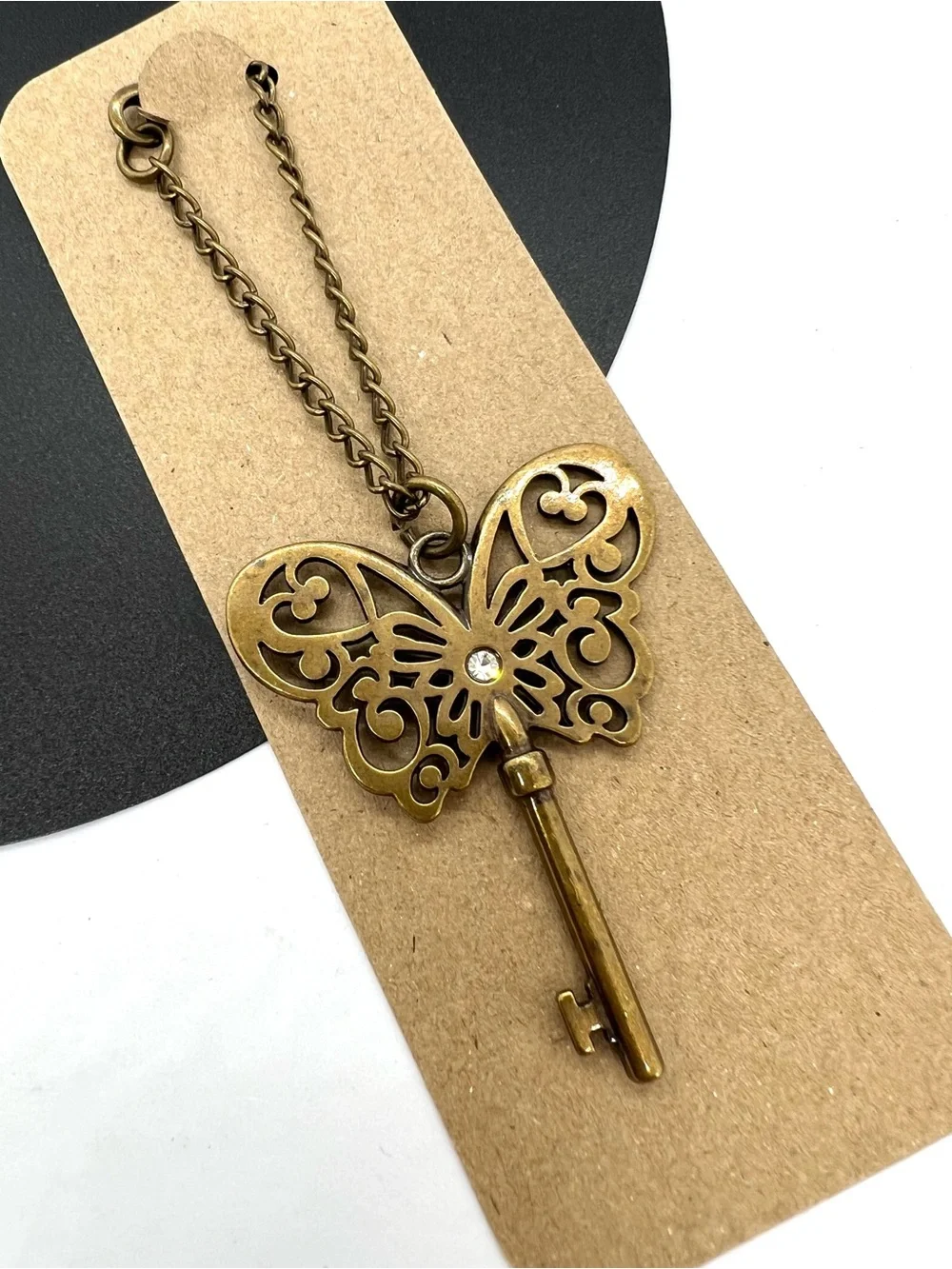 Antique Bronze Butterfly Skeleton Key Rhinestone Purse Charm Bag Pendant